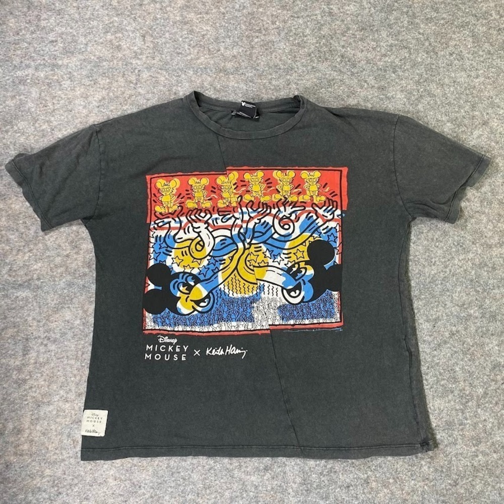 ZARA Disney x Keith Haring T-Shirt Womens Sz M Gray Graphic Tee Grafitti Street